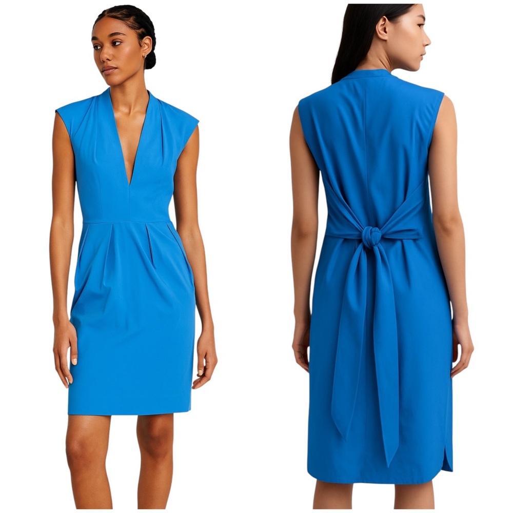 Lafayette 148 New York Turquoise Blue Stretch Cotton Sleeveless Wrap Dress 4P